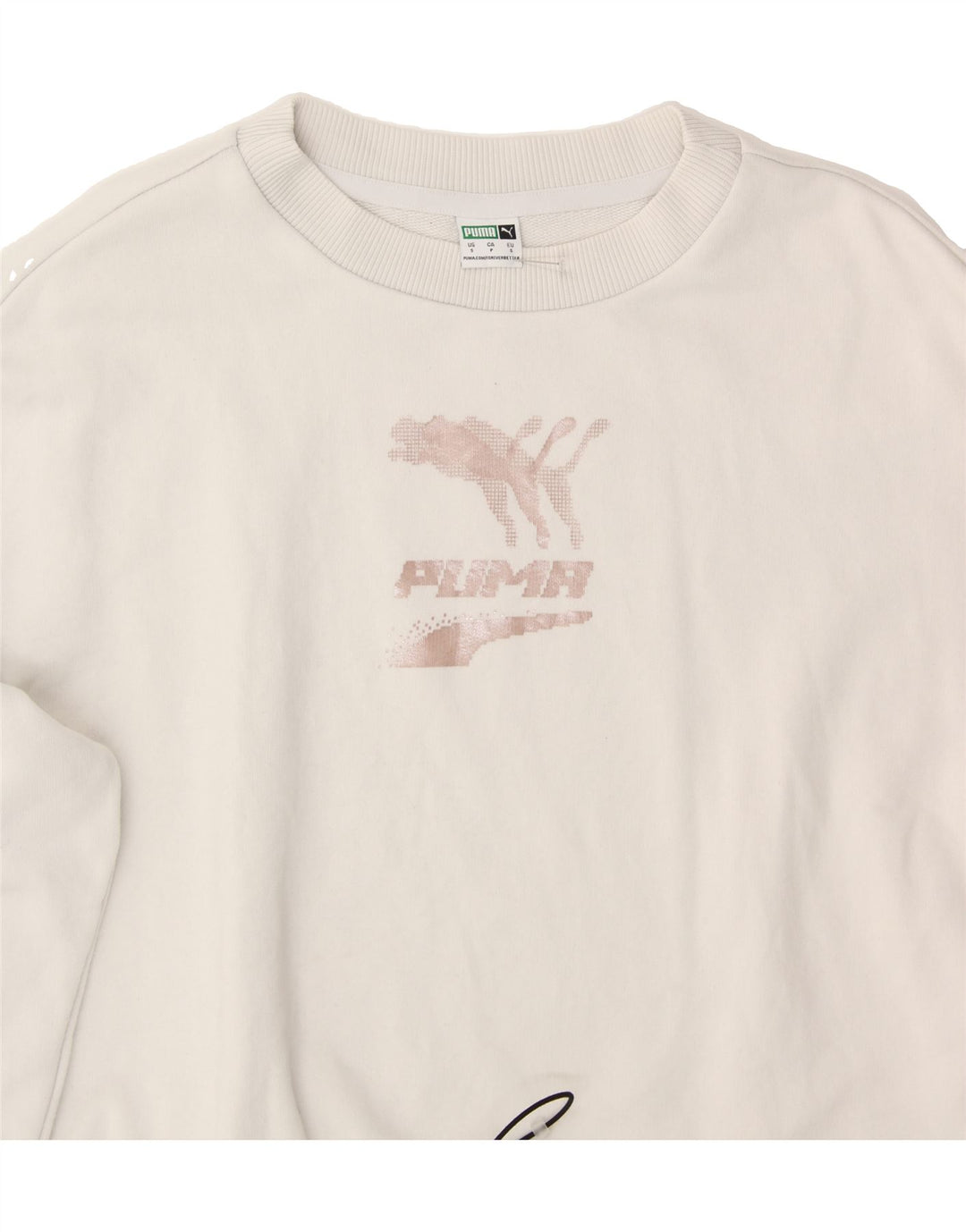 PUMA Womens Oversized Graphic Crop Sweatshirt Jumper UK 10 Small White Vintage Puma and Second-Hand Puma from Messina Hembry 