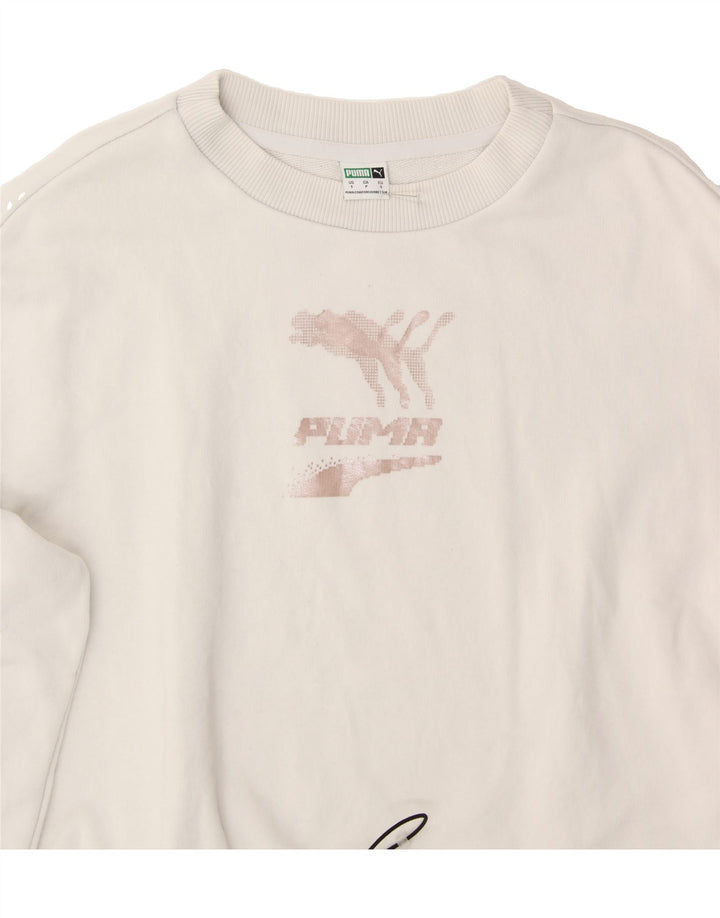 PUMA Womens Oversized Graphic Crop Sweatshirt Jumper UK 10 Small White Vintage Puma and Second-Hand Puma from Messina Hembry 