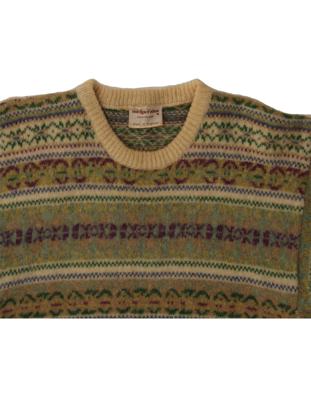 MICHAEL ROSS Suéter tipo jersey con cuello redondo para hombre pequeño verde Fair Isle