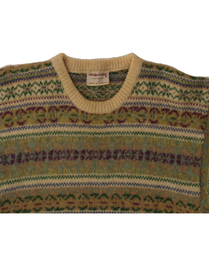 MICHAEL ROSS Suéter tipo jersey con cuello redondo para hombre pequeño verde Fair Isle