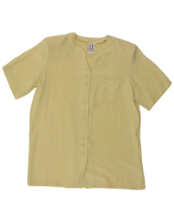 Vintage mujer camisa de manga corta blusa Reino Unido 14 seda amarilla media