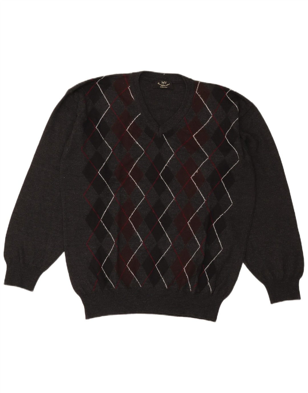 Vintage hombres V-cuello jumper suéter XL gris Argyle/lana de diamante