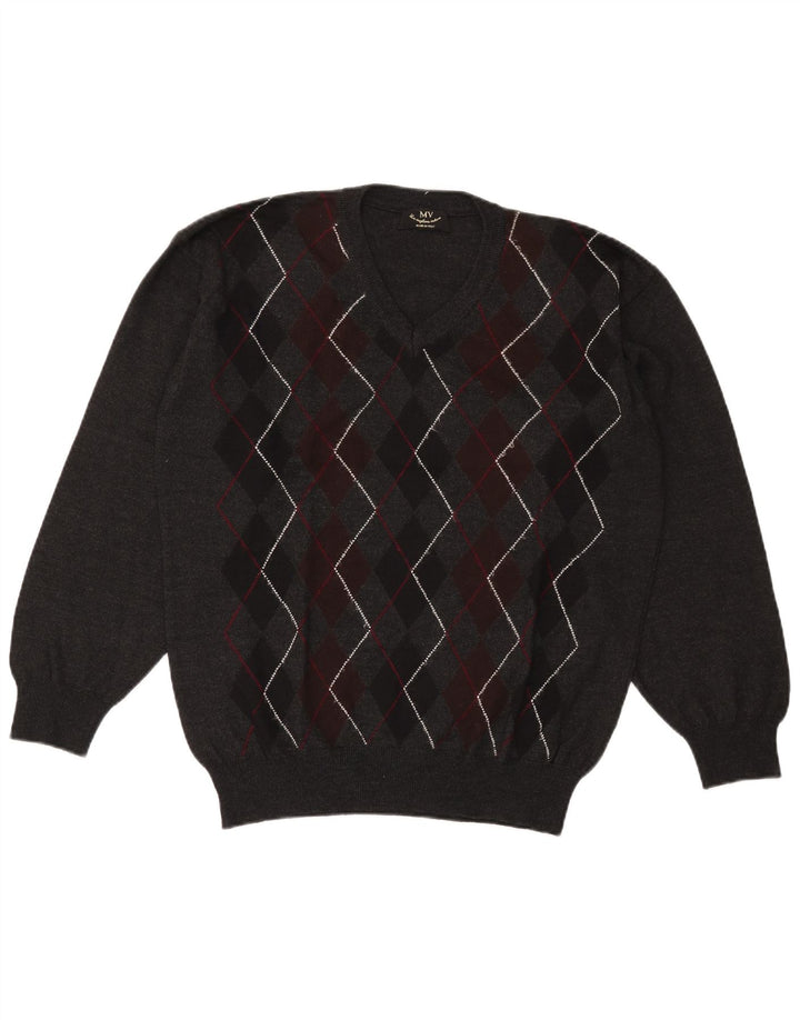Vintage hombres V-cuello jumper suéter XL gris Argyle/lana de diamante
