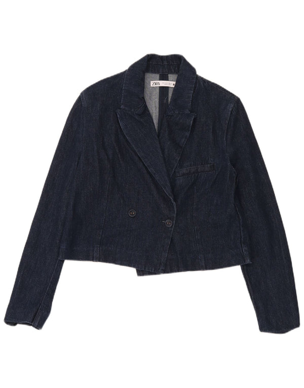 Zara Mujer Crop Chaqueta Americana De Mezclilla Con Doble Botonadura UK 10 Small Azul Marino