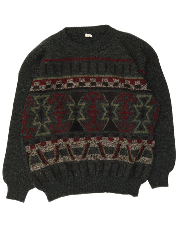 Vintage hombres cuello redondo jersey suéter grande verde geométrico acrílico