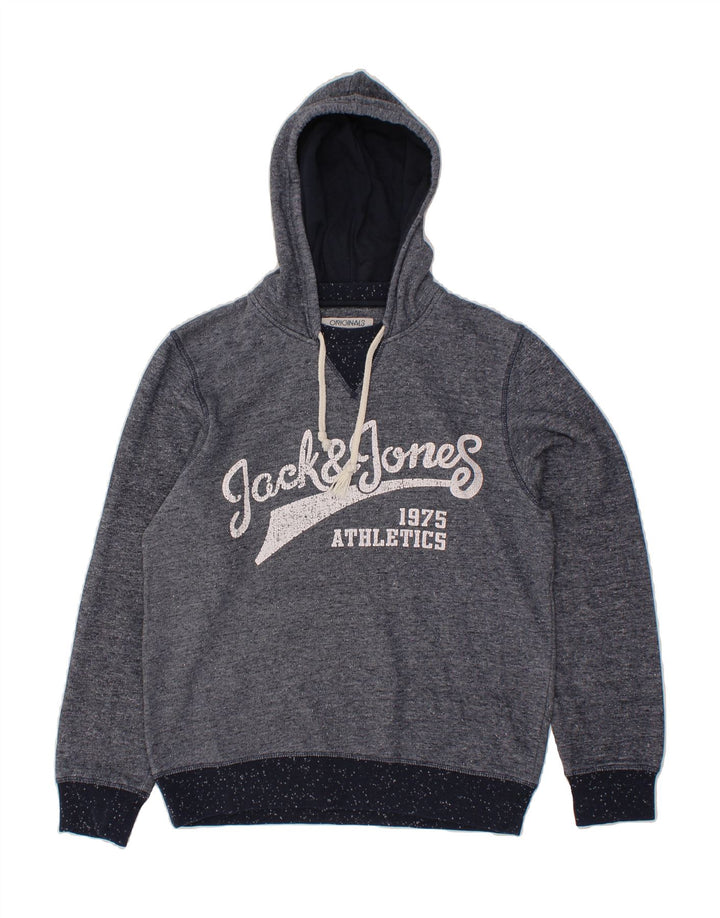 JACK & JONES Mens Graphic Hoodie Jumper Large Navy Blue Flecked Polyester Vintage Jack & Jones and Second-Hand Jack & Jones from Messina Hembry 
