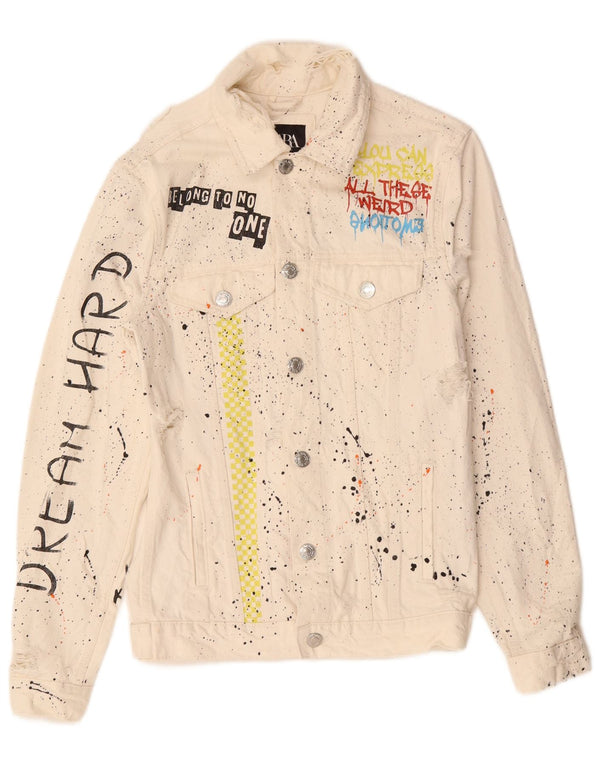 Zara Mens Graphic Denim Jacket UK 36 Small Algodón moteado blanco