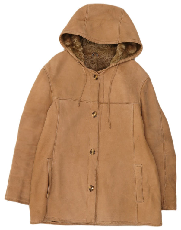Vintage mujer con capucha chaqueta de piel de oveja Reino Unido 12 Beige medio