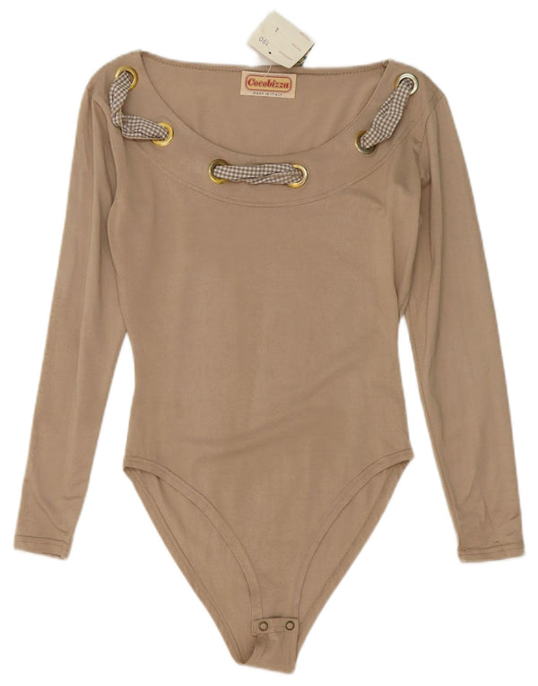 Vintage mujer manga larga body UK 14 viscosa beige grande