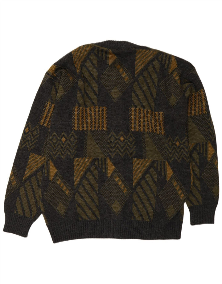 Vintage hombres Cardigan suéter grande gris geométrico poliacrílico