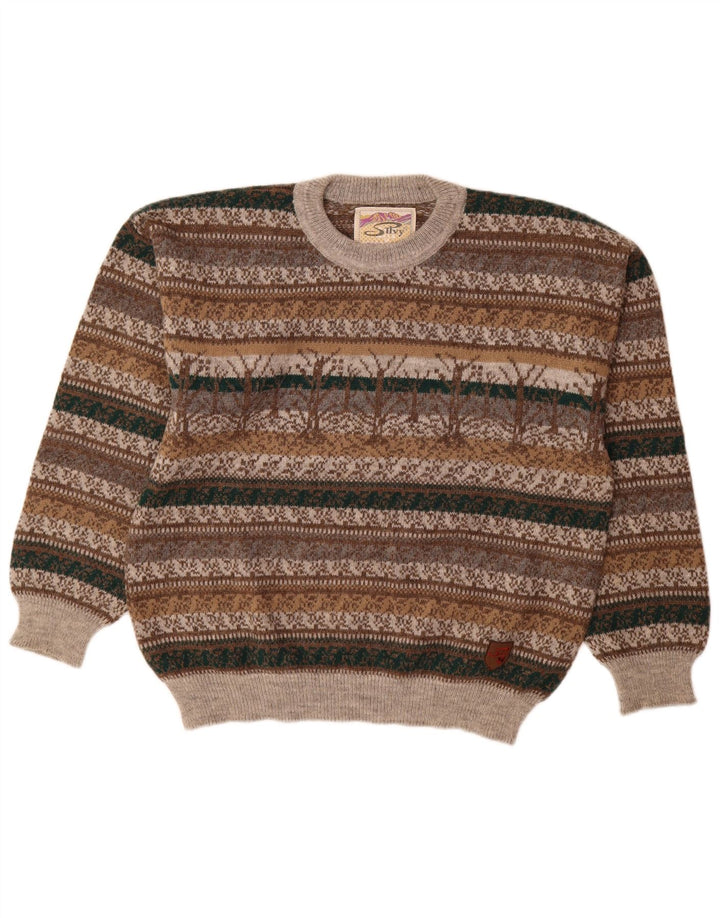 Silvy Jersey De Cuello Redondo Para Hombre IT 48 Lana De Alpaca Fair Isle Gris Medio