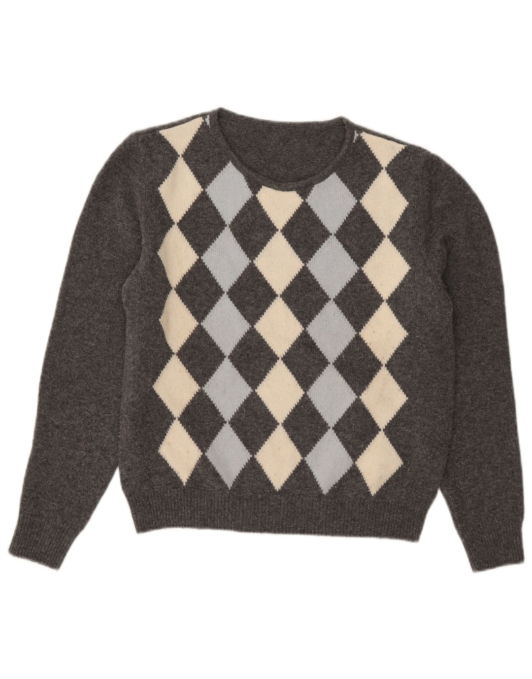 VINTAGE Mujer Crew Neck Jumper Suéter Reino Unido 14 Gris Medio Argyle/Diamond