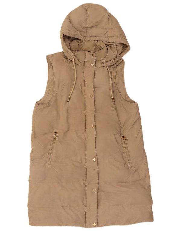 Zara Mujer Abrigo Acolchado Sin Mangas Con Capucha UK 46 Grande Poliéster Beige
