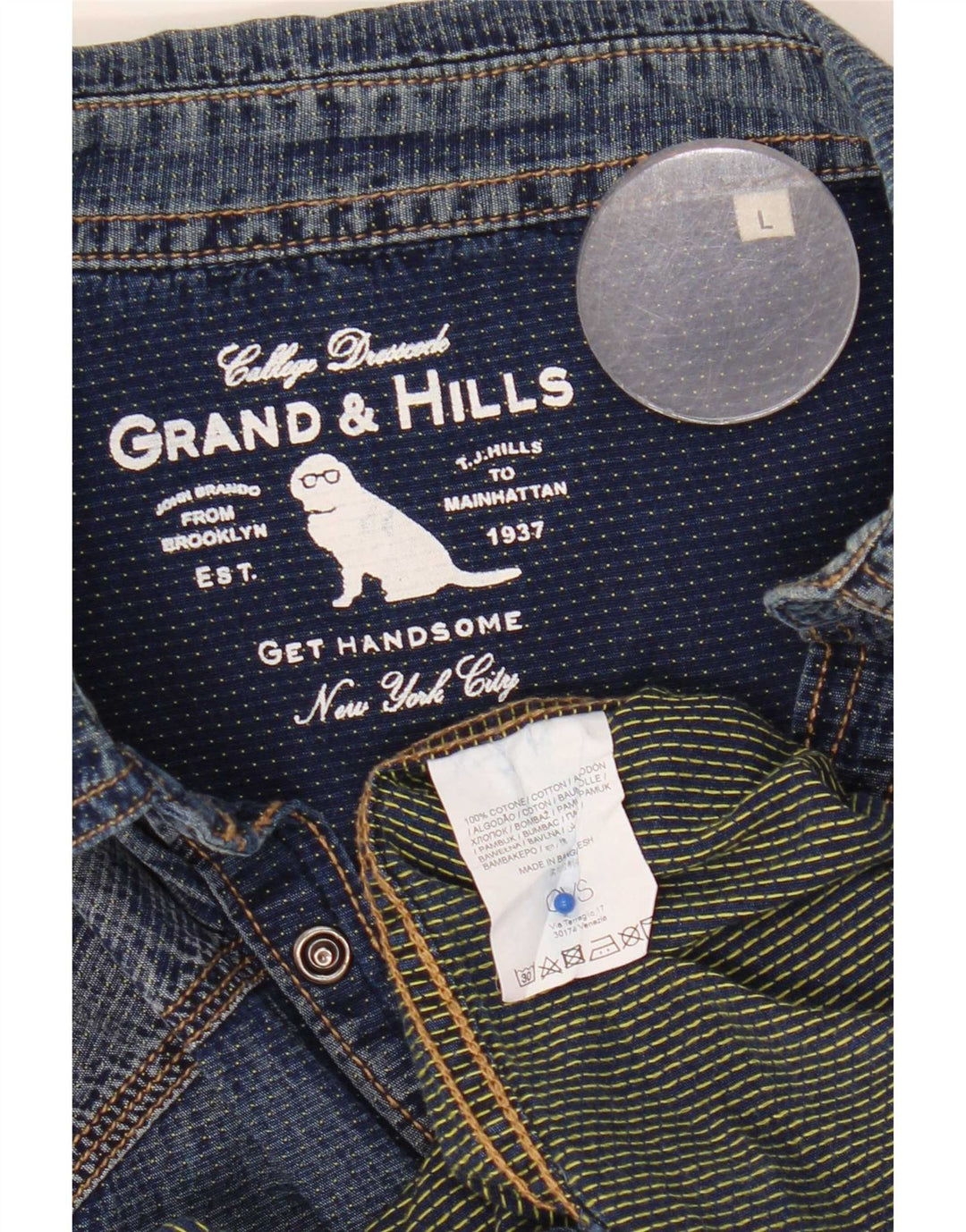 Grand & Hills Camisa vaquera para hombre Algodón azul grande
