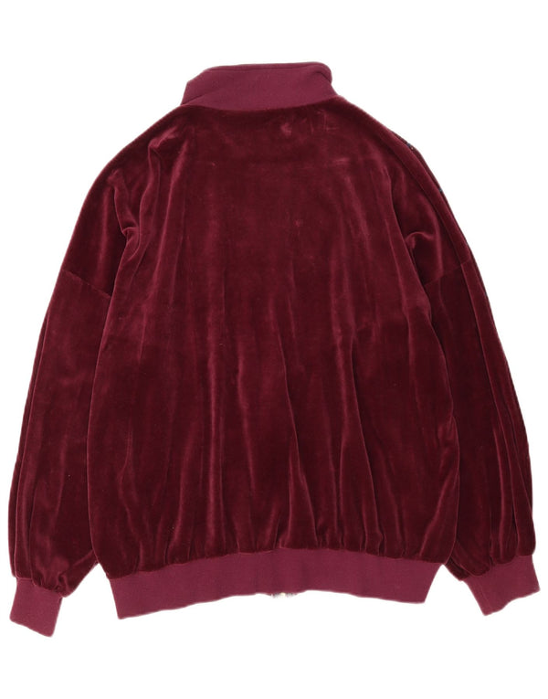 Vintage mujer Velour Chándal Top Chaqueta Reino Unido 20 2XL Borgoña Rayas