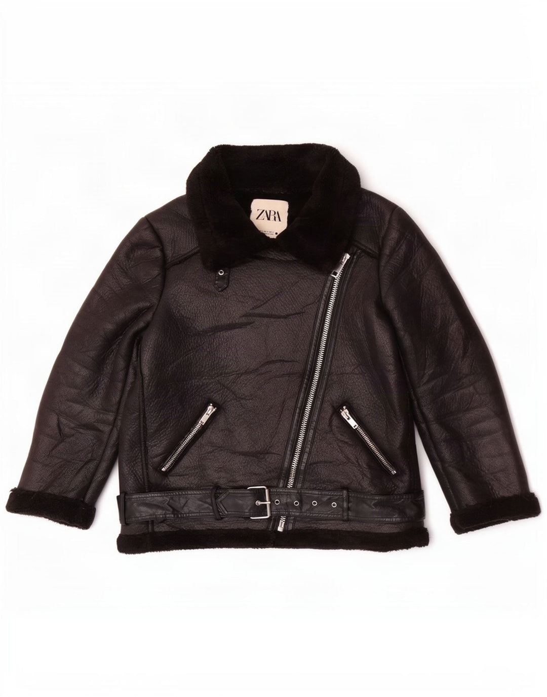 Zara Mujer Sherpa Chaqueta Motera De Piel Sintética UK 44 Mediano Poliéster Negro