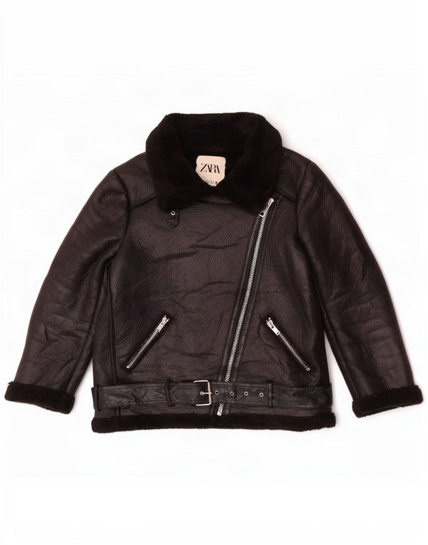 Zara Womens Sherpa Faux Leather Biker Jacket UK 14 Medium Black Polyester