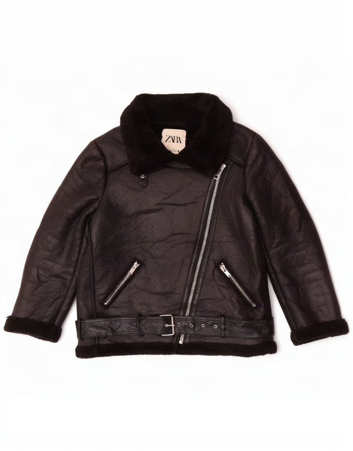Zara Mujer Sherpa Chaqueta Motera De Piel Sintética UK 44 Mediano Poliéster Negro