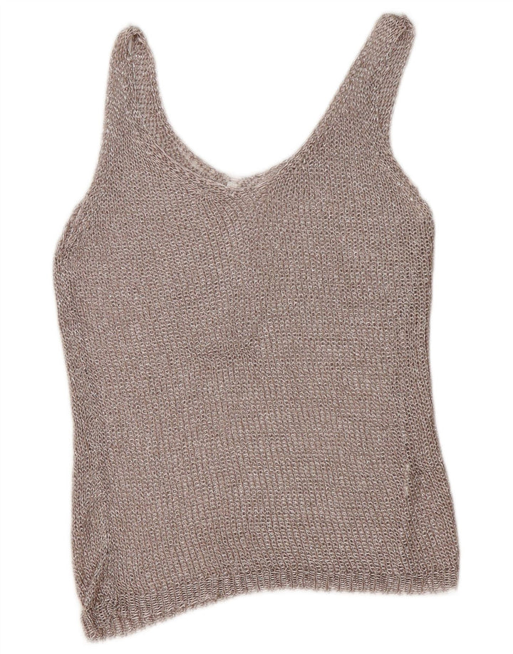 Vintage mujer crochet chaleco top Reino Unido 12 plata mediana