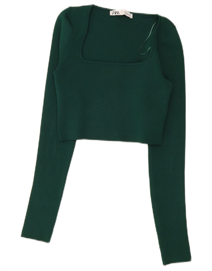 Zara Mujer Crop Top Manga Larga UK 8 Small Verde Poliéster