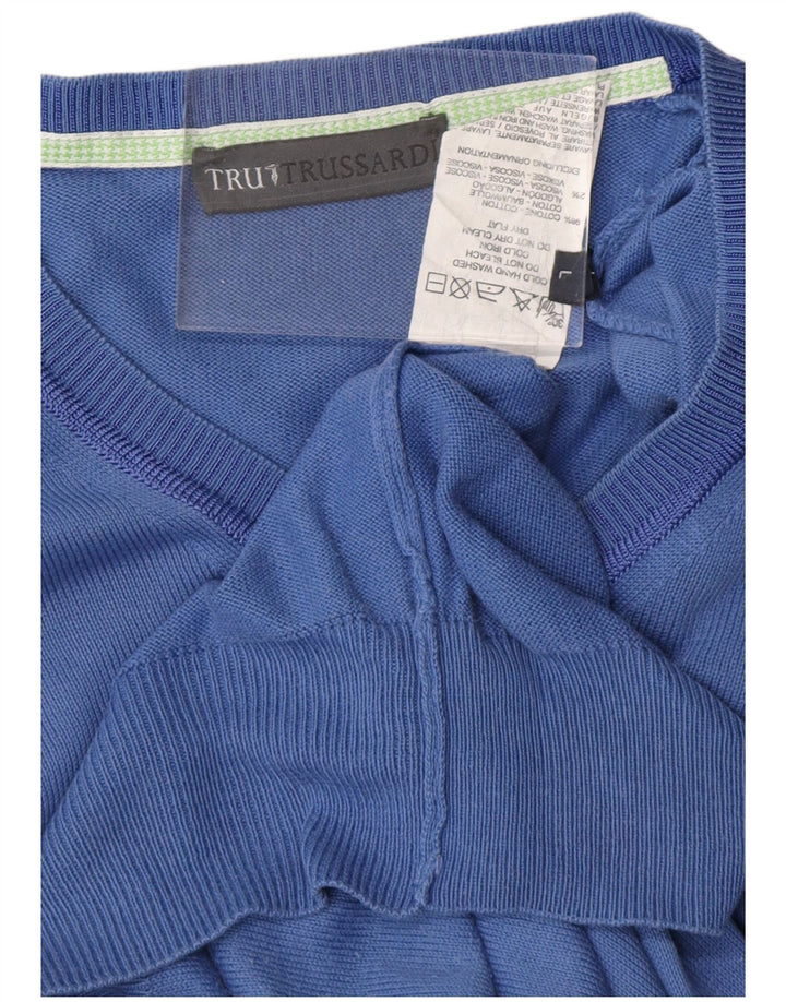 TRUSSARDI Jersey con cuello en V para hombre, talla grande, algodón azul