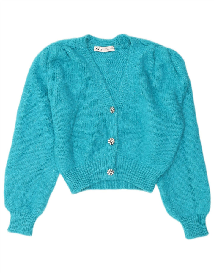 ZARA Mujer Crop Cardigan Suéter UK 10 Small Azul Acrílico