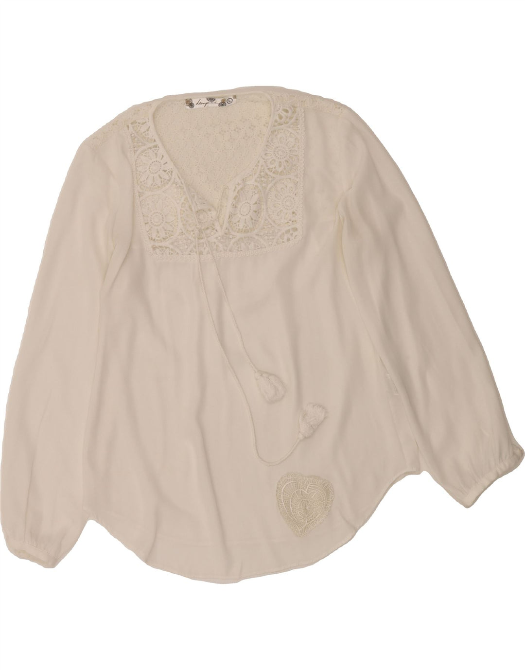 DESIGUAL Womens Long Sleeve Blouse Top UK 14 Large White Floral Polyester Vintage Desigual and Second-Hand Desigual from Messina Hembry 