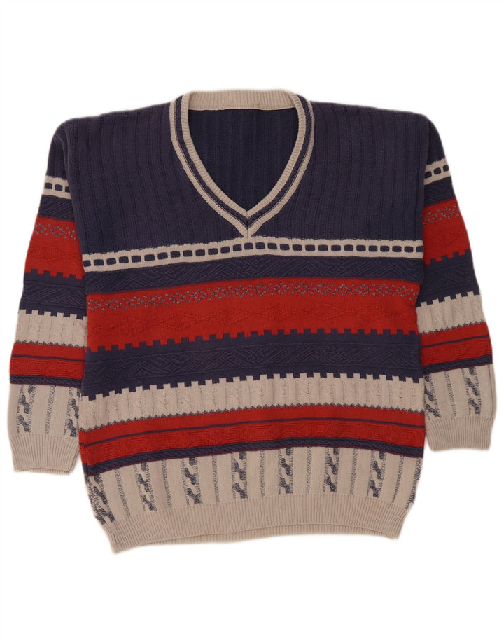 Vintage hombres V-cuello jumper suéter pequeño azul marino colorblock