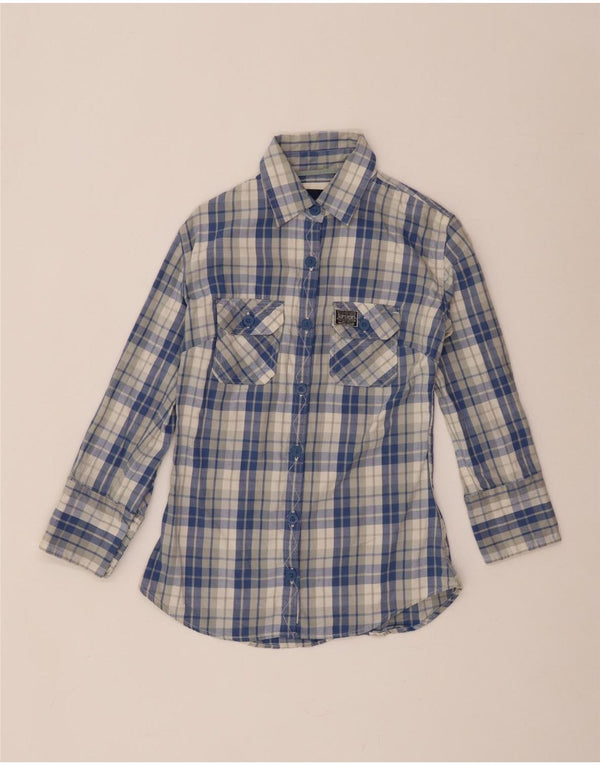 Superdry Camisa de franela de manga 3/4 para mujer UK 40 Small Blue Check Cotton