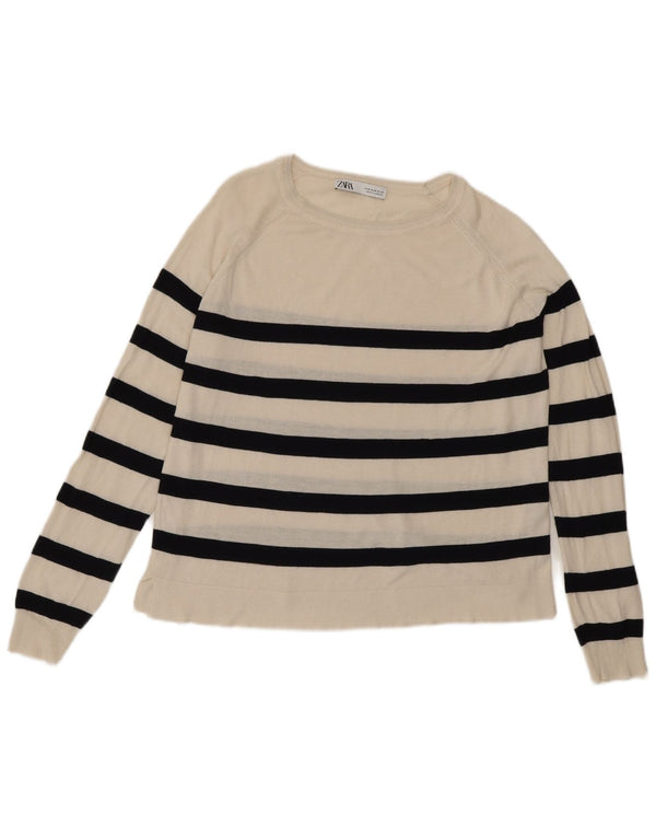 Zara - Jersey con cuello barco para mujer, talla mediana, viscosa a rayas, color blanco roto