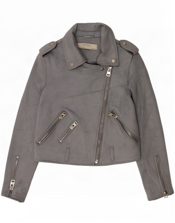 Zara Chaqueta motera militar de ante sintético para mujer UK 6 XS Poliéster gris