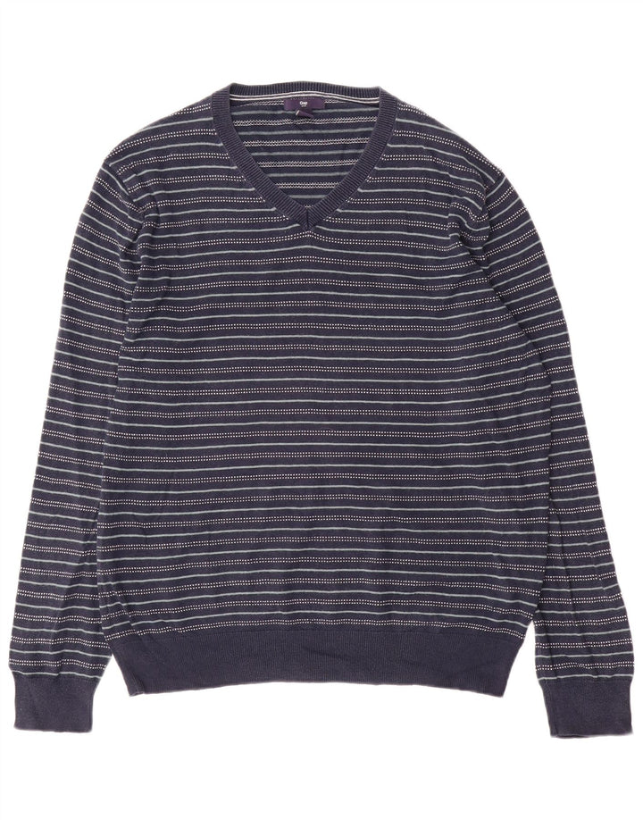Gap Jersey con Cuello en V para Hombre Jersey de algodón a Rayas Azul Marino Medio