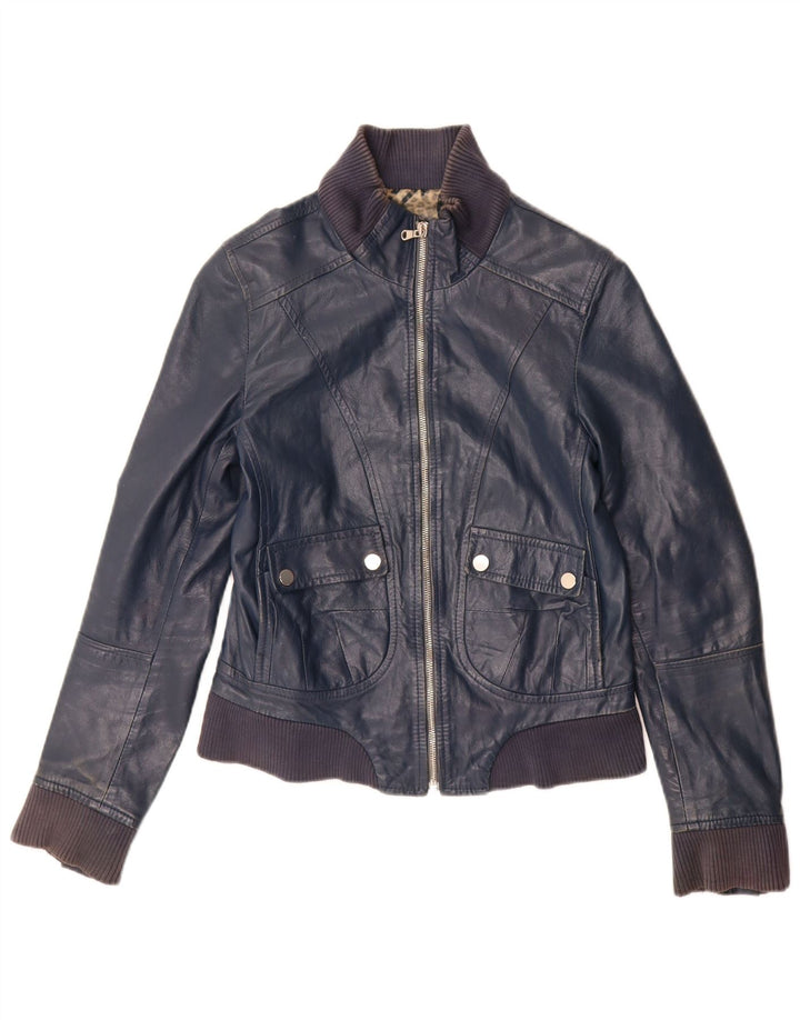 Vintage mujer crop chaqueta de cuero IT 44 cuero azul marino medio