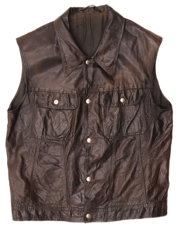 Vintage Hombres Cuero Gilet Reino Unido 38 Medio Negro