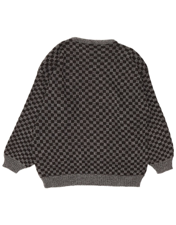 Vintage hombres V-cuello jumper suéter grande gris geométrico acrílico