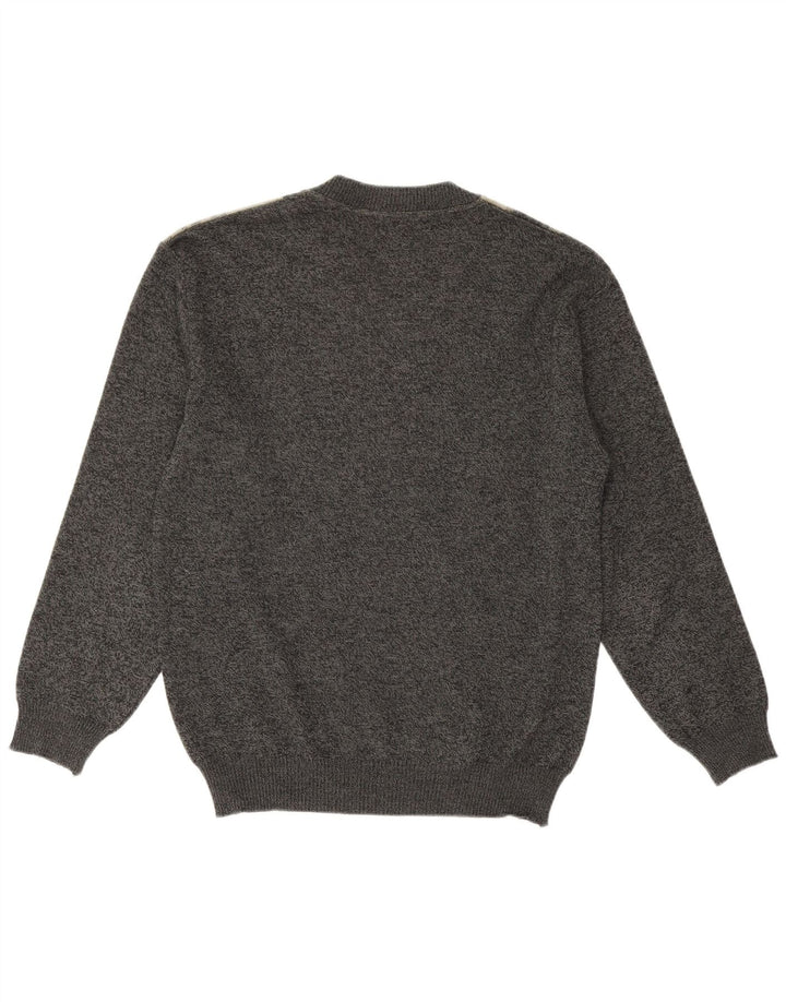 Vintage hombres V-cuello jumper suéter gris medio geométrico lana merino