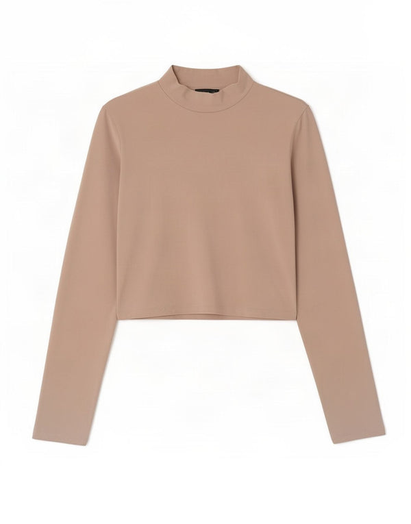 Zara Mujer Crop Top Manga Larga UK 10 Small Beige Algodón