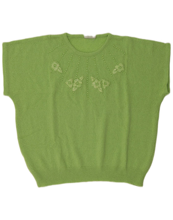 Vintage mujer manga corta cuello redondo jersey suéter IT 58 5XL verde floral
