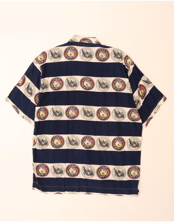 VINTAGE Camisa gráfica de manga corta para hombre Viscosa a rayas azul marino grande