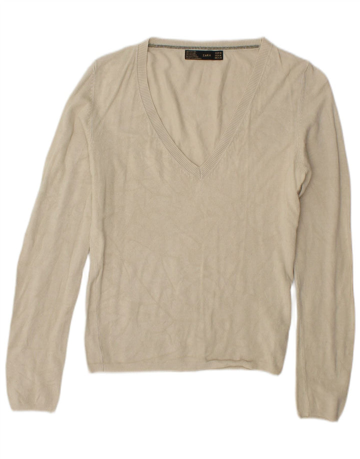 Zara - Jersey con cuello en V para mujer, talla 44, rayón beige medio