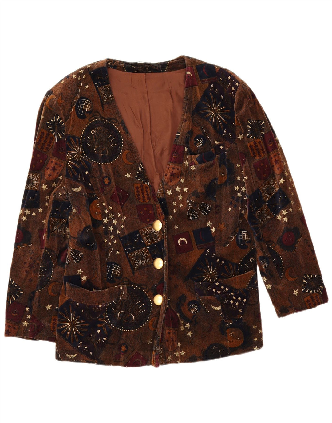 Vintage mujer terciopelo 3 botón Blazer chaqueta Reino Unido 14 marrón medio geométrico