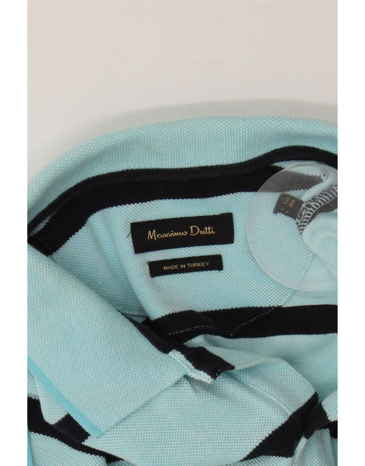MASSIMO DUTTI Mens Polo Shirt Large Turquoise Striped Cotton