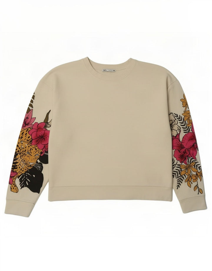 Zara Mujer Gráfico Sudadera De Gran Tamaño Jersey Reino Unido 44 Mediano Blanco Floral