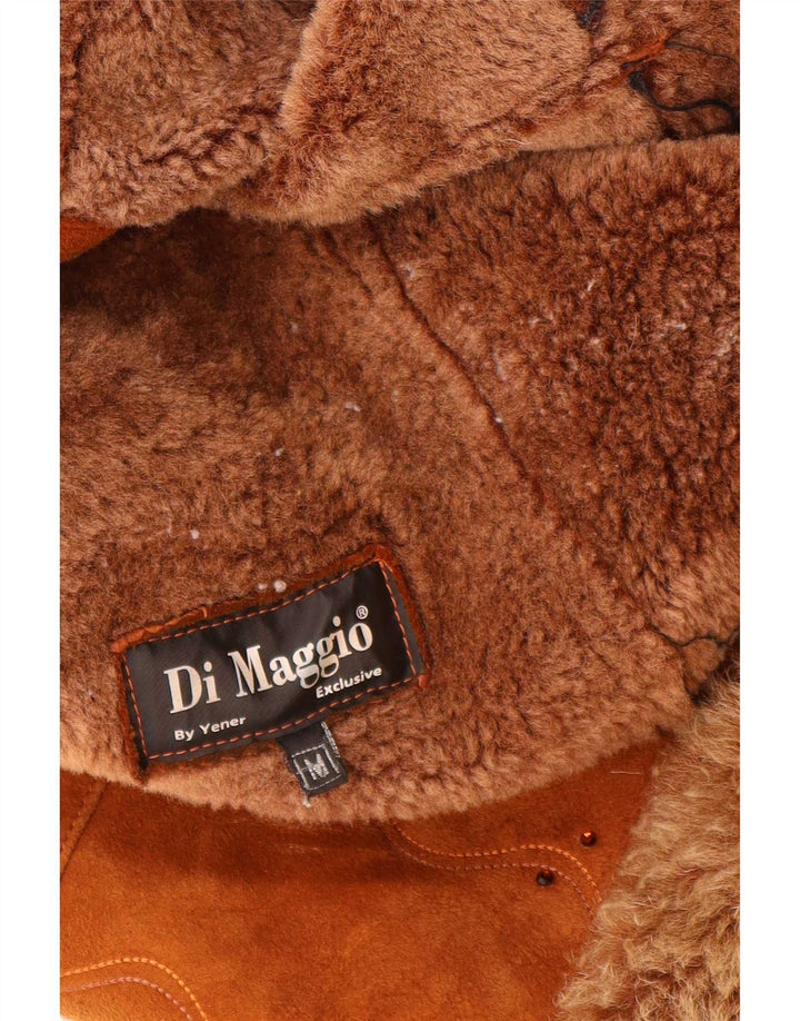 Vintage mujer shearling chaqueta Reino Unido 12 cuero marrón medio