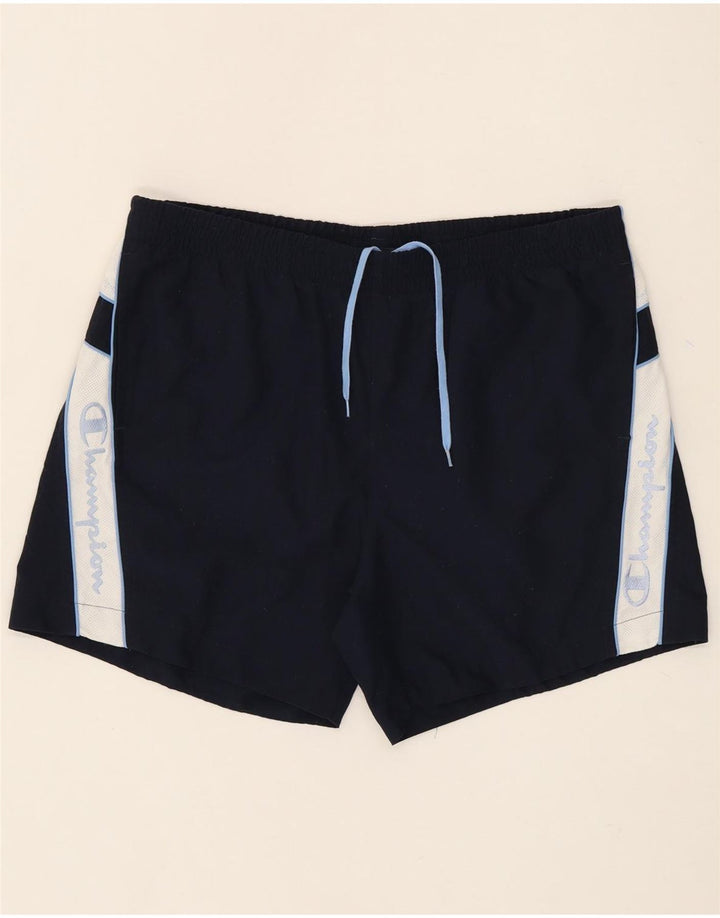 CHAMPION Mens Graphic Sport Shorts XL  Navy Blue Colourblock Polyester Vintage Champion and Second-Hand Champion from Messina Hembry 