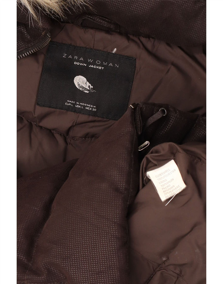 Zara Mujer Chaqueta Acolchada Con Capucha UK 40 Large Marrón Poliéster