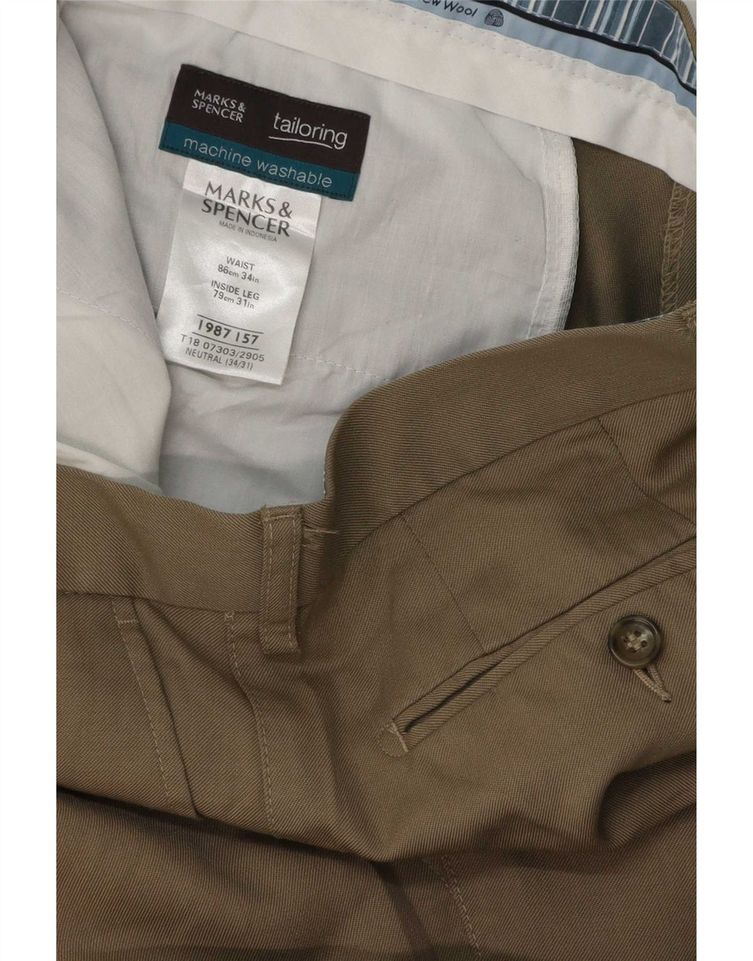 Marks & Spencer Pantalón de traje para hombre W34 L31 Lana beige