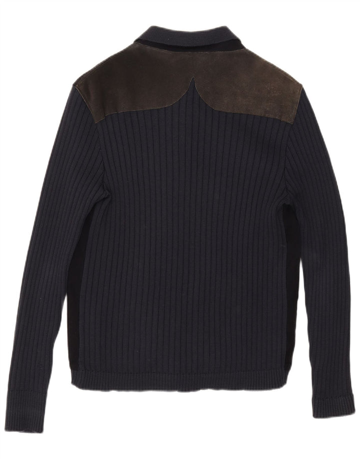 Vintage hombre cardigan suéter medio azul marino colorblock