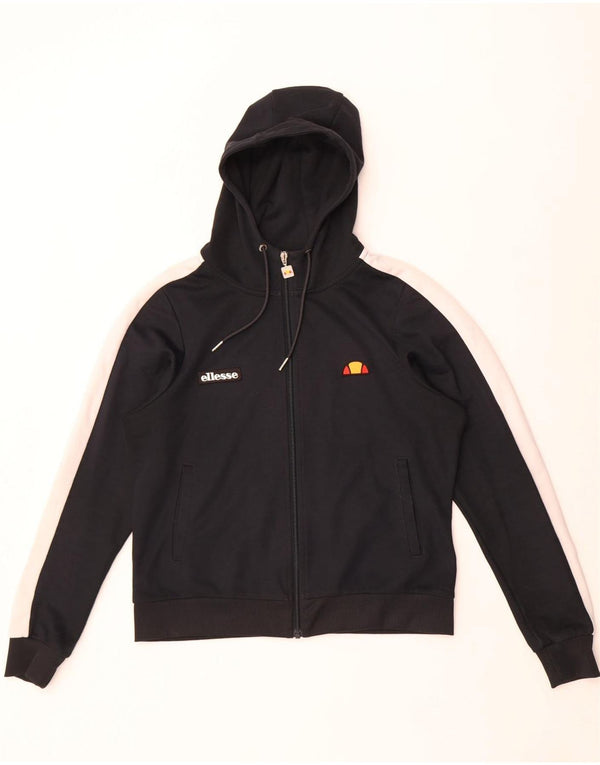 Ellesse - Sudadera con capucha y cremallera para mujer, talla M, algodón negro con bloques de color