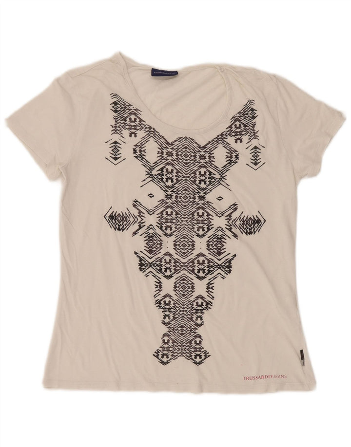 TRUSSARDI JEANS Camiseta gráfica para mujer Top UK 44 Grande Blanco Geométrico